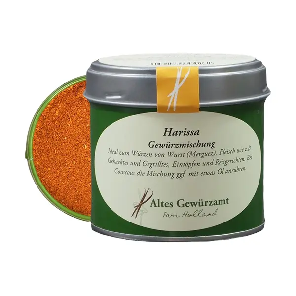 Die Harissa-Gewürzmischung vom "Alten Gewürzamt" ist ideal zum Würzen von Gegrilltem. Auch für Couscous. Ggf. mit etwas Olivenöl anrühren.