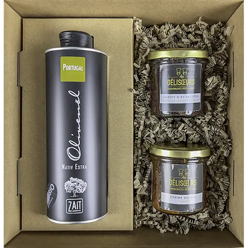 Geschenk No. 04 0,5l Olivenöl aus dem Trás-os-Montes Confit d´échalotes, 130g Crème du Sud, 130g inkl. Geschenkkarton