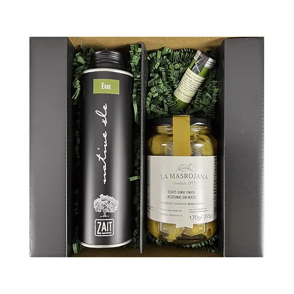 Geschenk No. 16 0,25l Olivenöl mit Kräutern Manzanilla-Oliven, grün, 205g Salatgewürz Gartenkräuter - mini, 8g inkl. Geschenkkarton