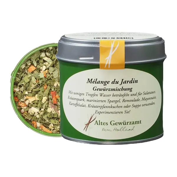Die Gewürzmischung "Mélange du Jardin" vom "Alten Gewürzamt" ist ideal für Kräuterquark, Kartoffelsalat, marinierten Spargel, Suppen, u.v.m.