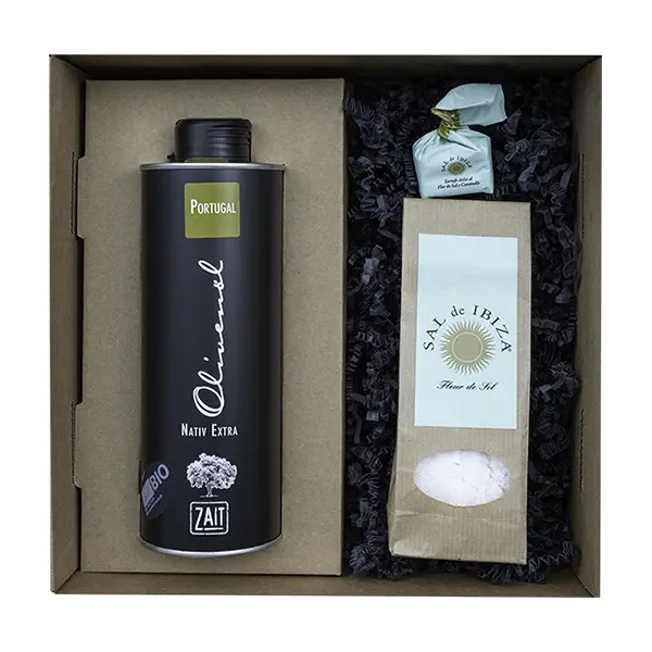 zait Olivenöl: Geschenk No. 04 0,5l Olivenöl aus dem Trás-os-Montes Fleur de Sel Ibiza Beutel, 150g Tartufo Flor de Sal und Karamell