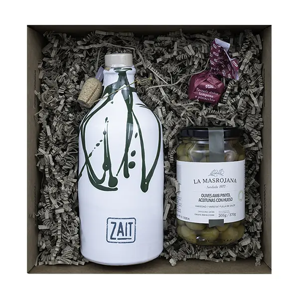 zait Olivenöl: Geschenk No. 05 0,5l Olivenöl im Tonkrug Oliven Fulla de Salze, 205g Tartufo Himbeere mit Pistazie