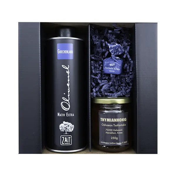 zait Olivenöl: Geschenk No. 09 0,5l Olivenöl von Kreta Thymianhonig, 250g Tartufo neri