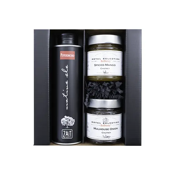 zait Olivenöl: Geschenk No. 13 0,25l Olivenöl mit Peperoni Mango Chutney, 180g Zwiebel Chutney, 180g