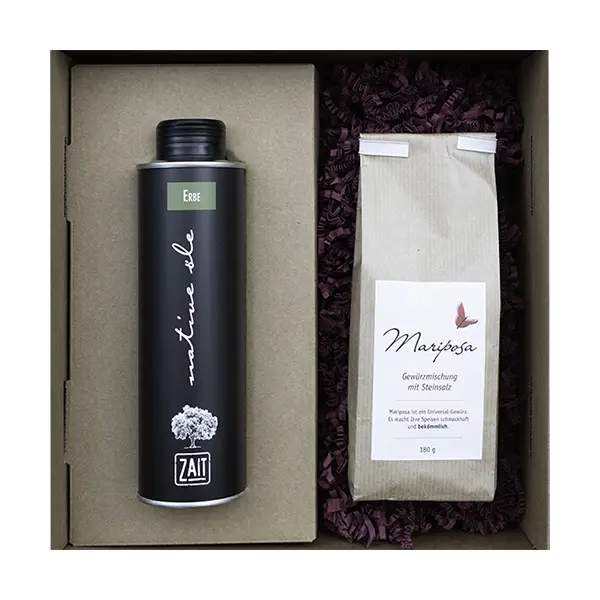zait Olivenöl: Geschenk No. 16 a: 0,25l Olivenöl mit Kräutern Gewürzsalz Mariposa Beutel, 180g