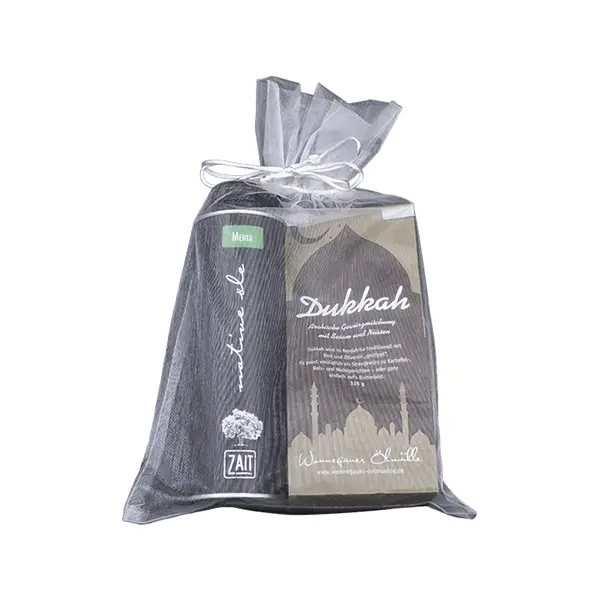 zait Olivenöl: Geschenk No. 19 0,25l Olivenöl mit Minze Dukkah-Gewürz, 125g
