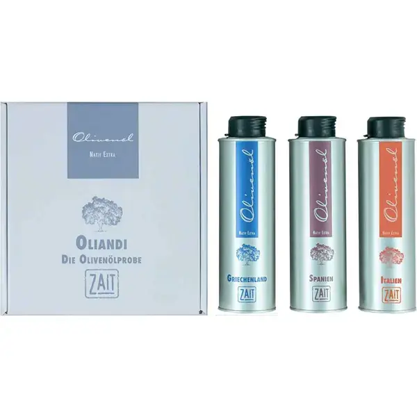 oliandi olivenölprobe "klassisch" Drei hochwertige Olivenöle von Kreta, aus Katalonien und Kampanien. Jeweils 0,25l zum Probieren.