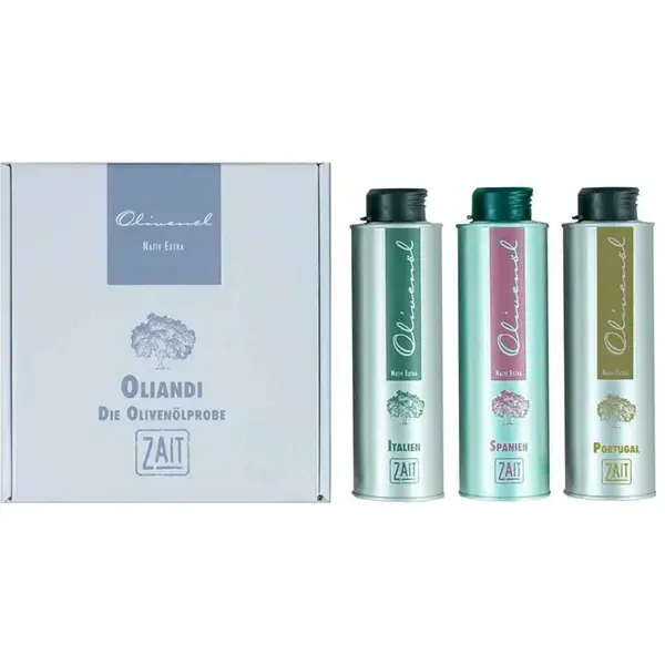 oliandi olivenölprobe "selection". Drei hochwertige Olivenöle aus Apulien, Katalonien und dem Trás-os-Montes. Jeweils 0,25l zum Probieren.