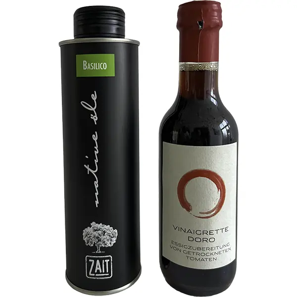 Eine Dose Olivenöl mit Basilikum und eine Flasche Vinaigrette DORO.
