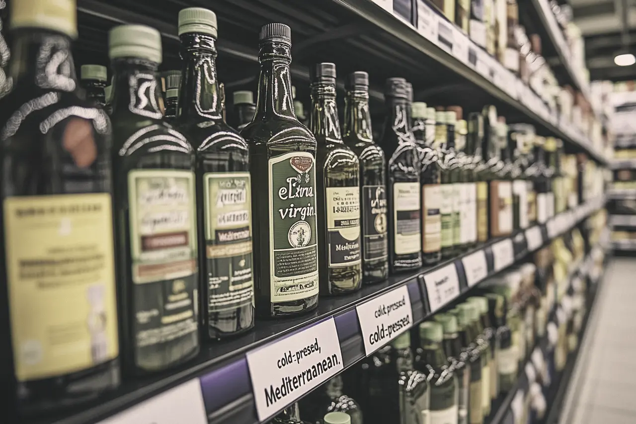 Regal mit Olivenölen im Supermarktregal.