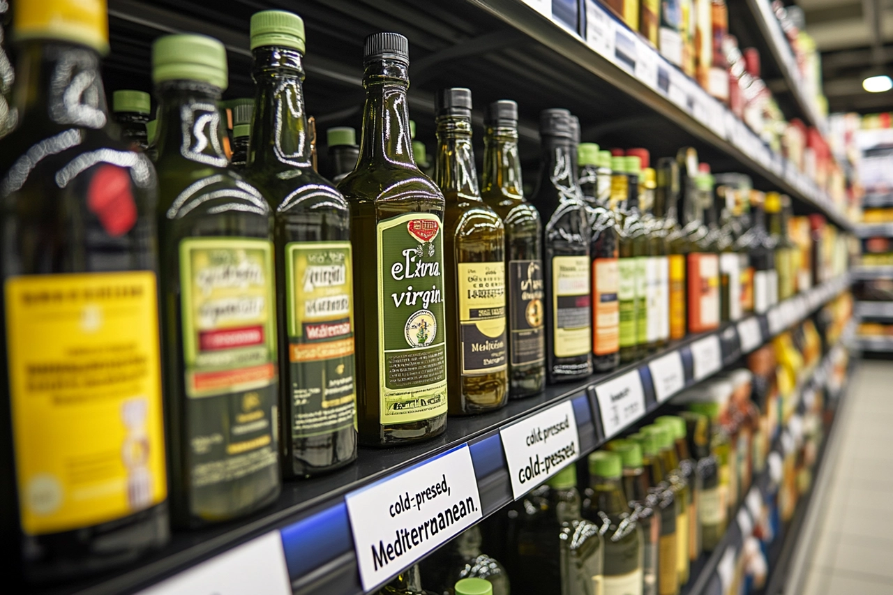 Billiges Olivenöl im Supermarktregal.