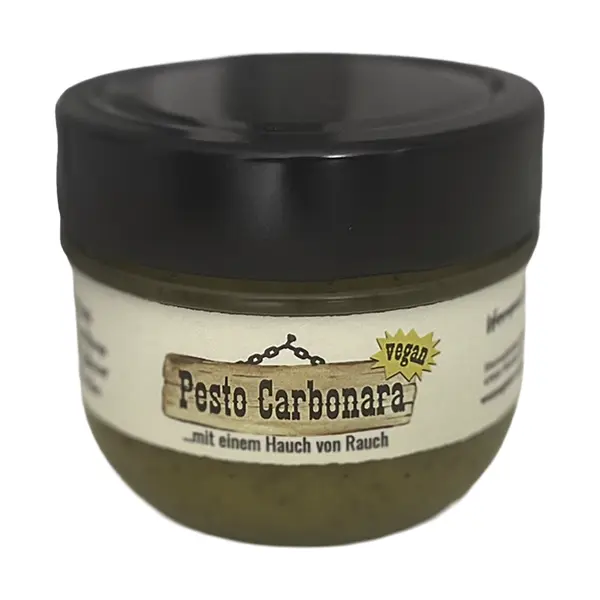 Ein Pesto Carbonara im Glas mit schwarzem Deckel. Vertrieben duch zait Olivenöl. www.zait.de