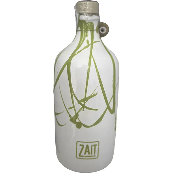 Ein Tonkrug mit apulischem Olivenöl, Tropföl, mit hellgrüner Bemalung, vertrieben durch zait Olivenöl. www.zait.de