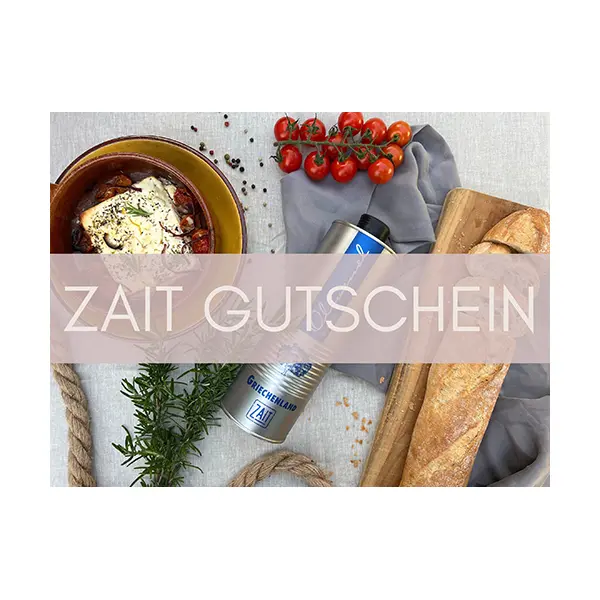 Bild zait gutschein. Im Hintergrund liegt eine Olivenöldose mit Olivenöl von Kreta und darum ist leckeres Essen angerichtet. Darüber ist in der Mitte des Bildes ein altrosa farbener Banner auf dem in weißer Schrift zait Gutschein steht.