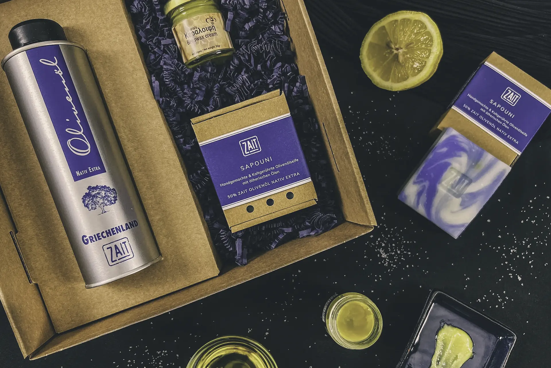 Ein Geschenk von zait mit Olivenöl und handgemachter Seife